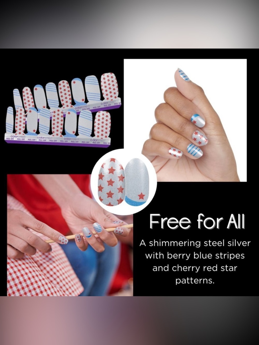 Color Street Silver, Red & Blue Star Nail Strips - Free for All - New